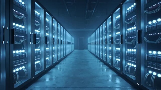 Modern Data Center with Server Racks and Blue LED Lights