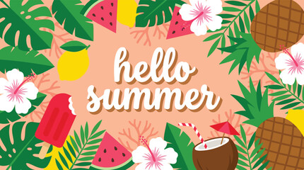 Vibrant Hello Summer text with tropical leaves fruits and hibiscus flowers vector art