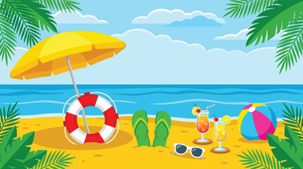 Vibrant Summer Beach Scene with Umbrella Lifebuoy Drinks and Flip Flops