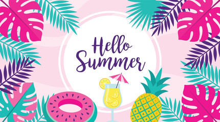 Hello Summer vibrant tropical vector illustration with leaves cocktail and pineapple