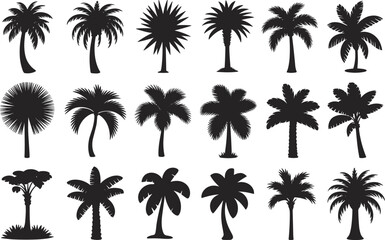Fototapeta premium Palm Tree Silhouette Icon Set Tropical Coconut and Date Palm Vector Collection Isolated on White Background for Summer Beach Landscape Design