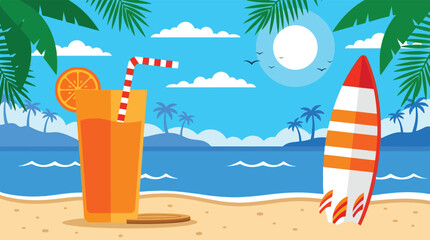 Tropical beach scene with fresh orange juice and surfboard illustration