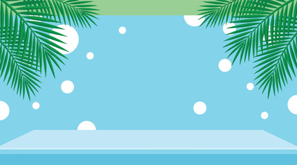 Tropical summer product display podium with palm leaves and blue background