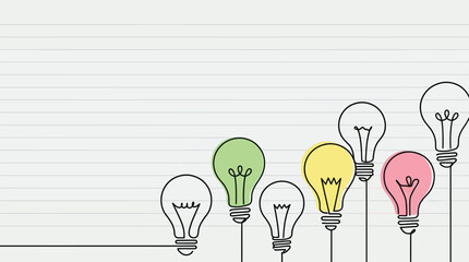 Continuous line drawing of colorful light bulbs on ruled paper with new ideas
