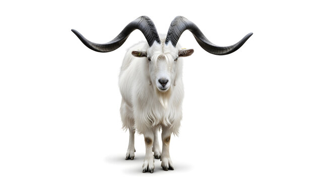 Full body shot of a white goat with large impressive curved horns standing on a white background
