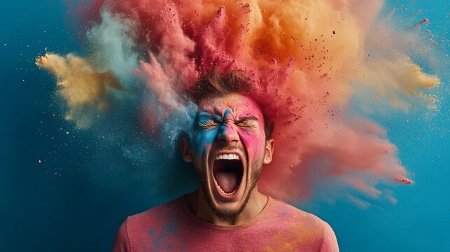 Man screams with colorful powder exploding from his head, expressing concepts of stress, information overload, burnout, migraine, and mental health issues