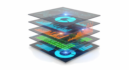 Fototapeta premium Stacked transparent layers displaying various digital data visualizations and business intelligence graphs.