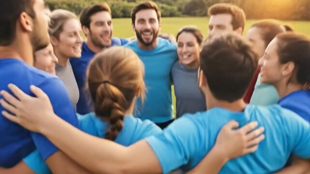 Diverse young adults in athletic wear huddling on a grass field for amateur sports team building