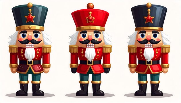 Three colorful nutcracker figures stand side-by-side, each with distinct hat colors and star details. They have gold accents