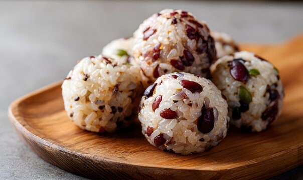 Large Japanese style round rice balls (Temari Onigiri), made of mixed grains and beans