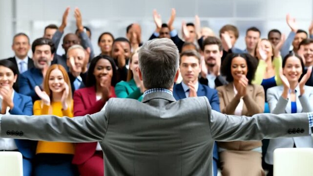 A professional leader addresses a diverse audience at a corporate event