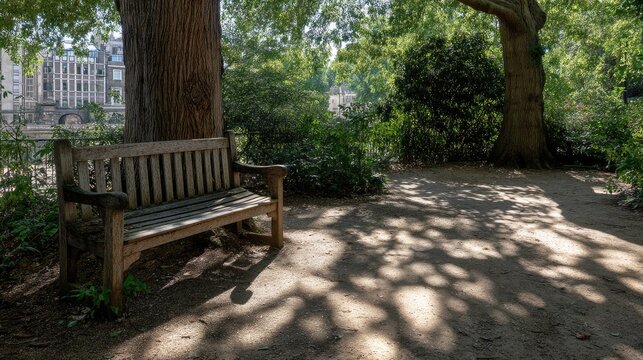 Tranquil Park Scene with Wooden Bench Surrounded by Greenery and Soft Shadows on Ground in a Peaceful Urban Environment