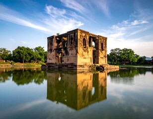 A serene ancient stone structure surrounded by water and trees under a blue sky