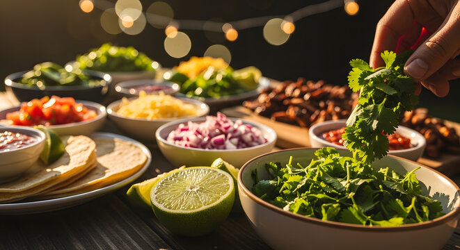 A hand picking fresh cilantro from a variety of bowls containing salsa