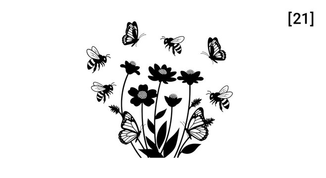 Bees and Butterflies circling a collection of flowers 