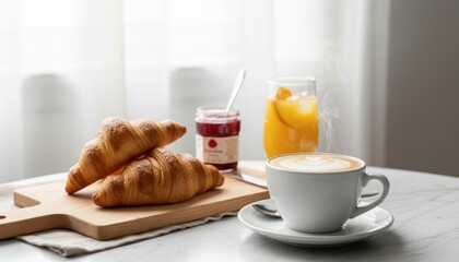 Delicious breakfast setup with croissants and coffee on marble table