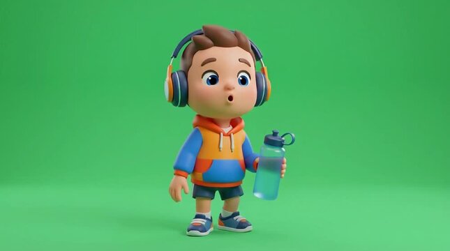 3D Boy Wearing Headphones Drinking Water on Green Screen