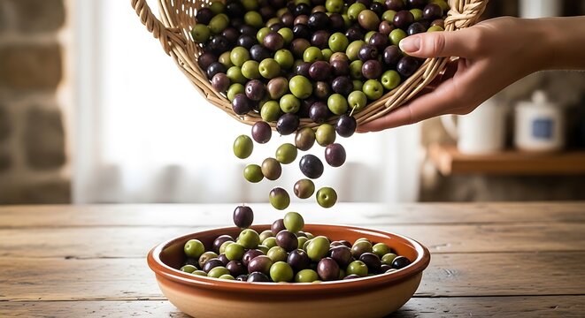 Olives falling from a basket into a bowl with a rustic backdrop