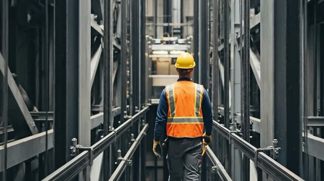 Male elevator maintenance technician in safety vest and hard hat inspecting a vertical shaft in a modern building