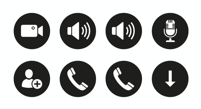 Set of black circular icons depicting communication and media actions.