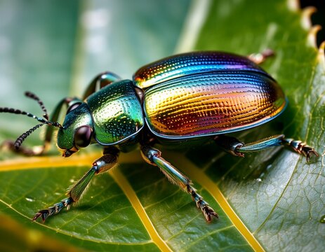 colorful frog legged beetle sagra buqueti on leaf n high detail macro with shiny iridescent body