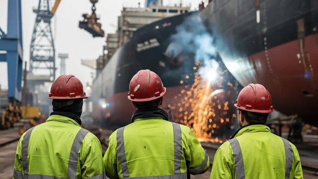 Professional maritime maintenance crew in safety gear inspecting a large vessel at a shipyard