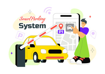 Naklejka premium Smart Parking System Technology Vector Illustration Featuring Urban Infrastructure with IoT Connectivity and Modern Transportation in Flat Background