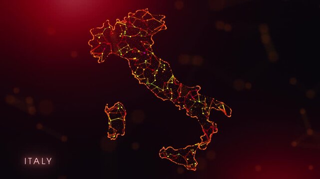 A dynamic motion video showcasing the Italy country border through a colorful plexus reveal. Glowing red and orange dots represent high-tech data communication and global digital networks.