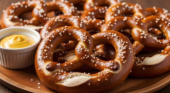 Golden Twisted Soft Pretzels Sprinkled with Coarse Sea Salt on Rustic Platter, Classic Bakery Snack, Crunchy Pretzel Bites, Appetizing Salted Bread Close-Up
