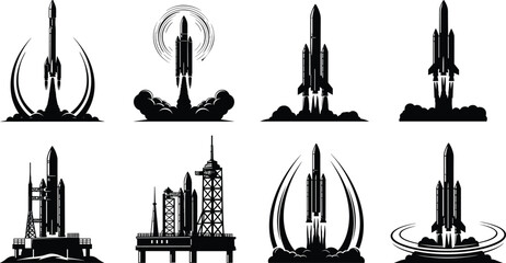 Vector Illustration Set of Space Shuttle and Rocket Launch Silhouettes Featuring Smoke Clouds Launchpads and Atmospheric Reentry Representing Aerospace Engineering Science and Galactic Exploration © MstMaher