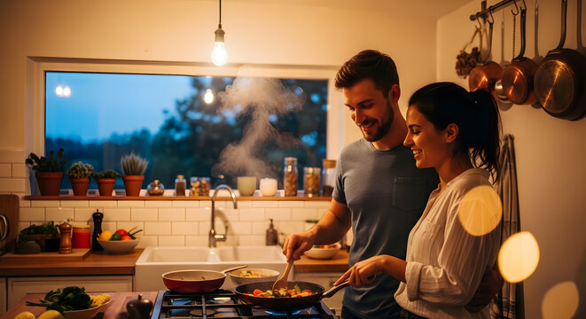 Man and woman smiling and frying food in a pan while sharing an intimate moment in the evening