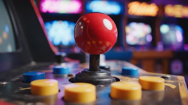 Vibrant close-up of a classic arcade game joystick and colorful buttons.