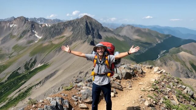 A joyful hiker celebrating at a mountain peak with arms wide open