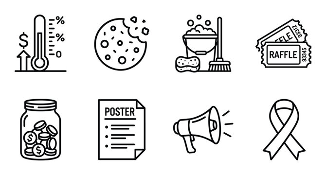 Charity fundraising and donation money collection fundraising line art icons set vector