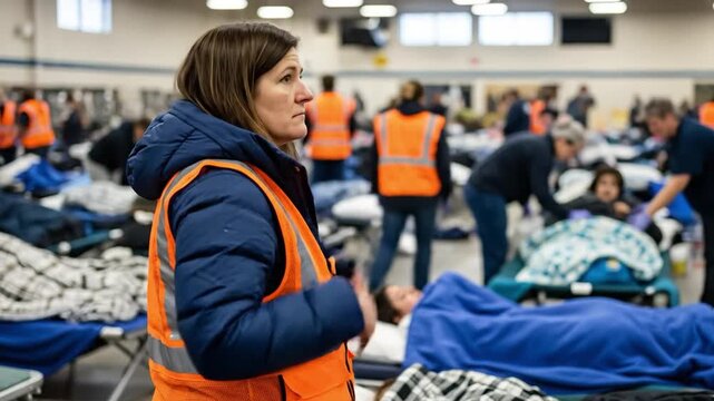 Female Volunteer in Safety Vest Assisting at Emergency Homeless Shelter Facility