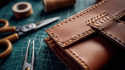 Handmade leather pouch stitching process isolated --ar 16:9 --v 7 Job ID: edd0b1a4-9f82-4616-9ec7-8f44b3746359