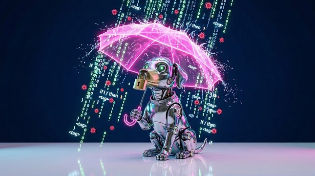 Surreal metallic robot puppy holding umbrella in digital code rain
