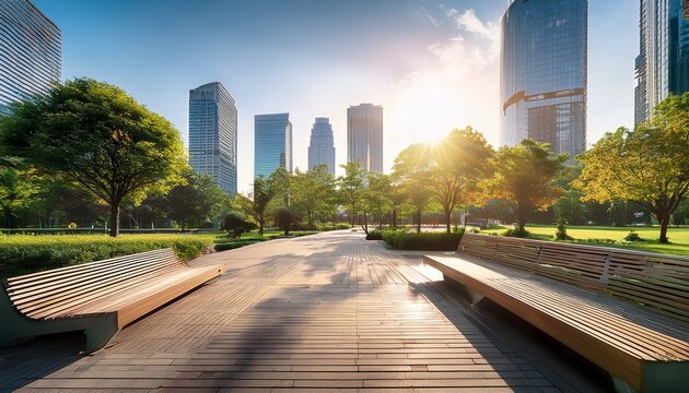 a vibrant urban park with modern skyscrapers in the background well maintained pathways benches and lush greenery bathed in soft morning light