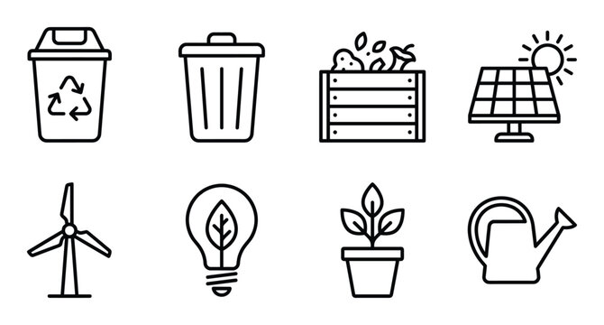 Ecology and renewable energy thin line icon set with recycling bin wind turbine and solar panel units