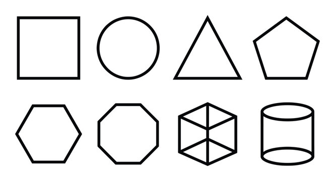Geometric shapes and basic 3d forms line icon set for mathematics education and graphic design projects
