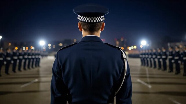 Young Male Police Officer Standing at Night Graduation Ceremony Parade Ground