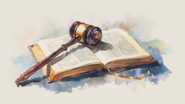 A watercolor illustration of a judge's gavel resting on an open book, symbolizing law, justice, and legal authority.