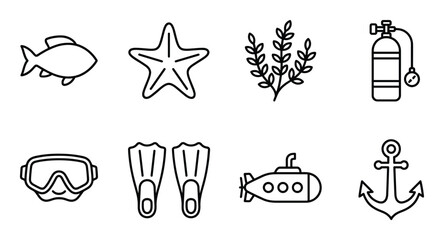 Marine life icon set including fish starfish seaweed oxygen tank diving mask fins submarine anchor © GoDesigner