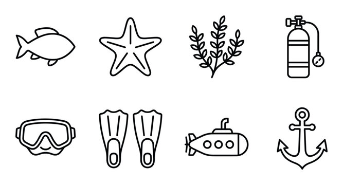Marine life icon set including fish starfish seaweed oxygen tank diving mask fins submarine anchor