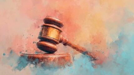A watercolor-style illustration of a judge"s gavel striking a sound block, symbolizing justice and law.