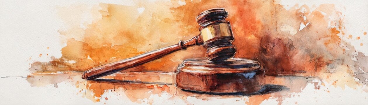 A watercolor painting of a judge"s gavel resting on its sound block, symbolizing law, justice, and the legal system.