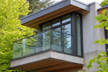 Fototapeta premium Modern balcony contemporary architecture glass railing concrete wall wood ceiling large window green tree residential house exterior outdoor space