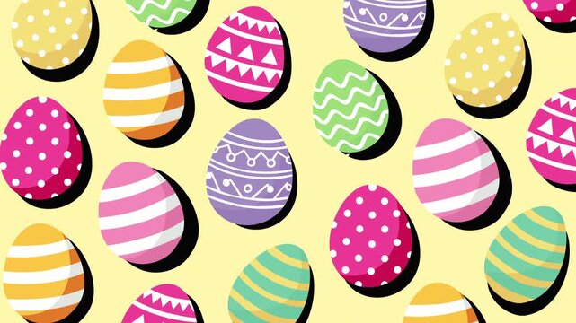 Colorful Easter eggs arranged in a playful repeating pattern over a soft yellow background. Cheerful pastel tones and decorative motifs create a lively spring holiday atmosphere.