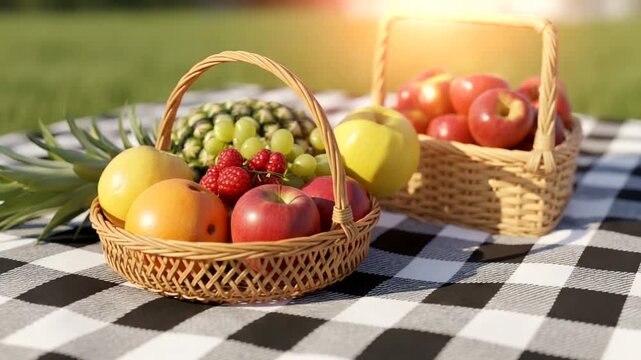 Fresh Fruit Baskets on Picnic Blanket Outdoors.
