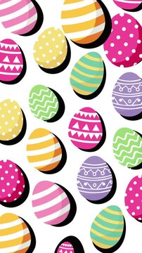 Colorful Easter eggs with stripes, dots and zigzag patterns arranged in seamless layout on light background. Cheerful spring holiday theme ideal for greeting, wrapping and festive content.